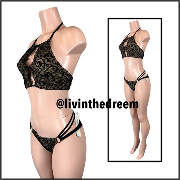 Beach Bunny Gunpowder and Lace High Neck bikini top L & Skimpy Bottoms M $289 - Picture 5 of 15